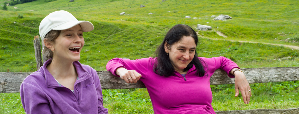 My wife and daughter taking a break, Konjščica mountain cafe in Triglav National Park, Slovenia.
